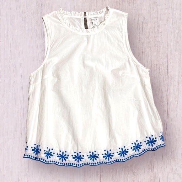 J. Crew 100% Cotton Embroidered Flowers Blue White Tank Top Size Medium Ruffle - Picture 2 of 12